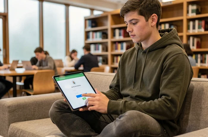 Étudiant accédant à son espace personnel Comptalia sur une tablette dans une bibliothèque universitaire