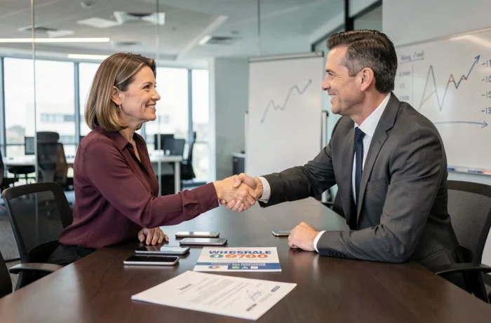 Deux professionnels signant un accord commercial avec un grossiste de mobiles à prix usine en salle de réunion