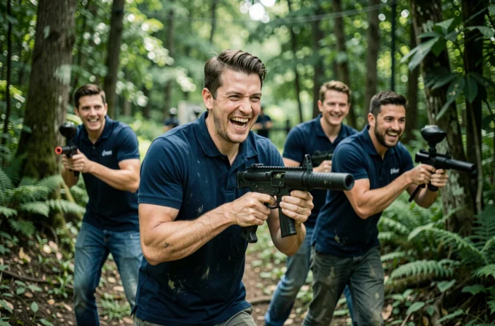 Groupe d'hommes en activité outdoor laser game en forêt pendant un enterrement de vie de garçon