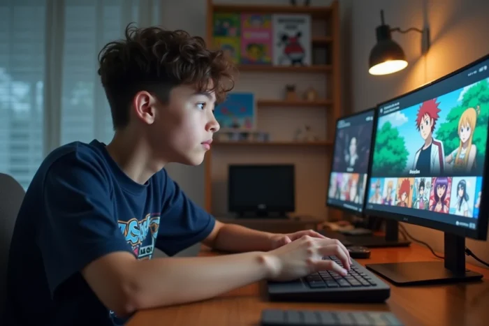 Adolescent consultant une plateforme de streaming d'anime sur son ordinateur portable dans sa chambre décorée de posters