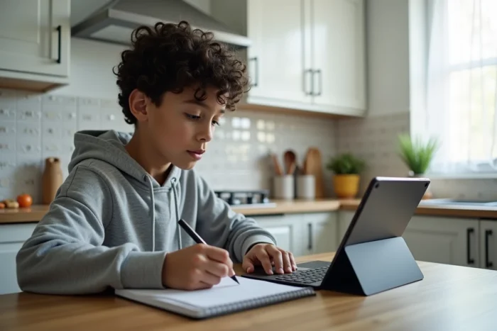 Adolescent prenant des notes lors d'une séance de tutorat en ligne sur tablette à la table de cuisine familiale
