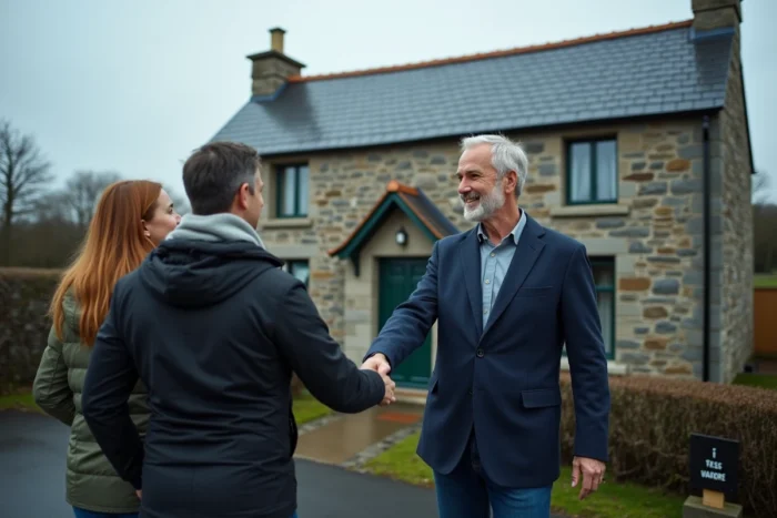 Agent immobilier serrant la main d'un couple devant une maison en pierre bretonne avec panneau à vendre, vente urgente suite à divorce dans le Finistère