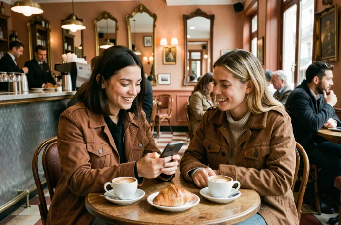 Deux amies dans un café parisien partageant un contenu viral sur smartphone lié au mouvement Cacaboudin contre le RN