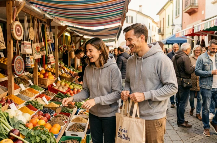 Deux amis explorant un marché local coloré à l'étranger, profitant d'une destination touristique à moindre coût