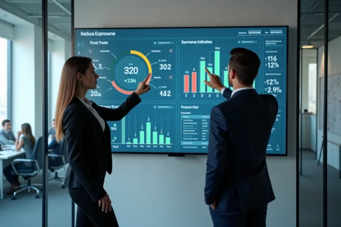 Deux professionnels analysant un tableau de bord de fiabilité et de signaux d'alerte en salle de réunion