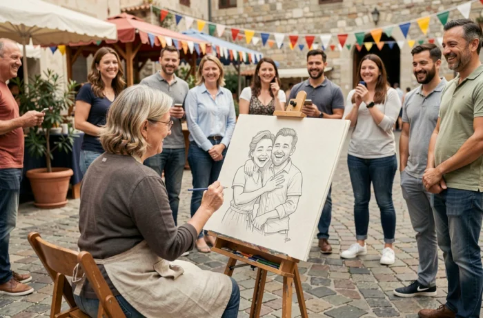 Artiste caricaturiste dessinant un couple souriant en plein air lors d'une animation festive sur une place publique