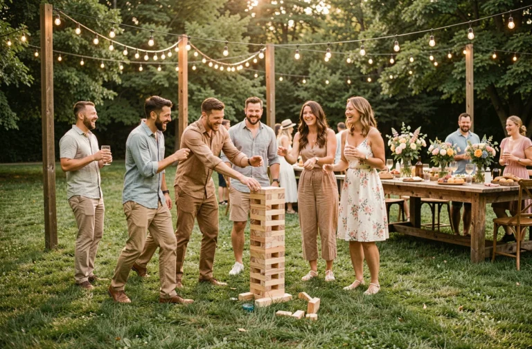 Groupe d'adultes riant autour d'un jeu de Jenga géant lors d'une fête de jardin animée avec décoration rustique