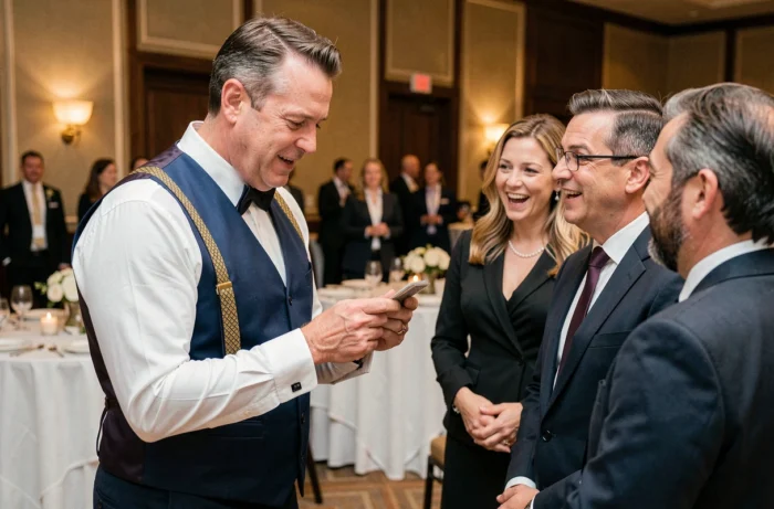 Animateur professionnel réalisant des tours de magie pour des invités émerveillés lors d'un événement d'entreprise en intérieur
