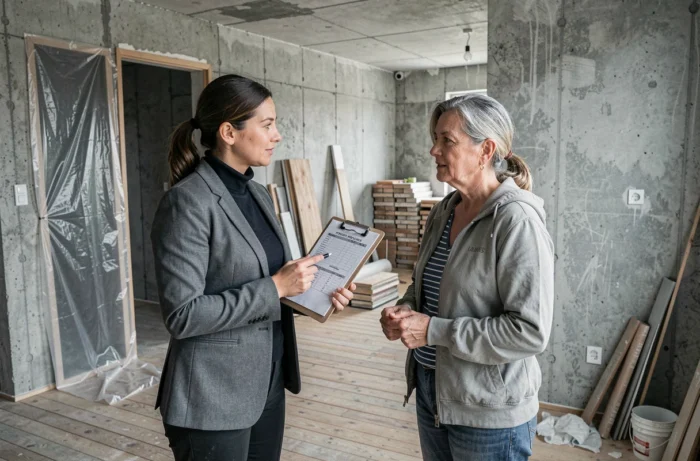 Architecte féminine discutant des coûts de rénovation avec une propriétaire dans un appartement en cours de travaux