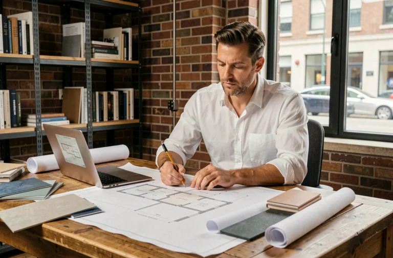Architecte masculin en chemise blanche étudiant des plans de rénovation sur une table en bois dans un studio professionnel