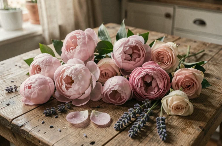 Arrangement de pivoines, roses et lavande sur une table en bois rustique avec des gouttes d'eau sur les pétales