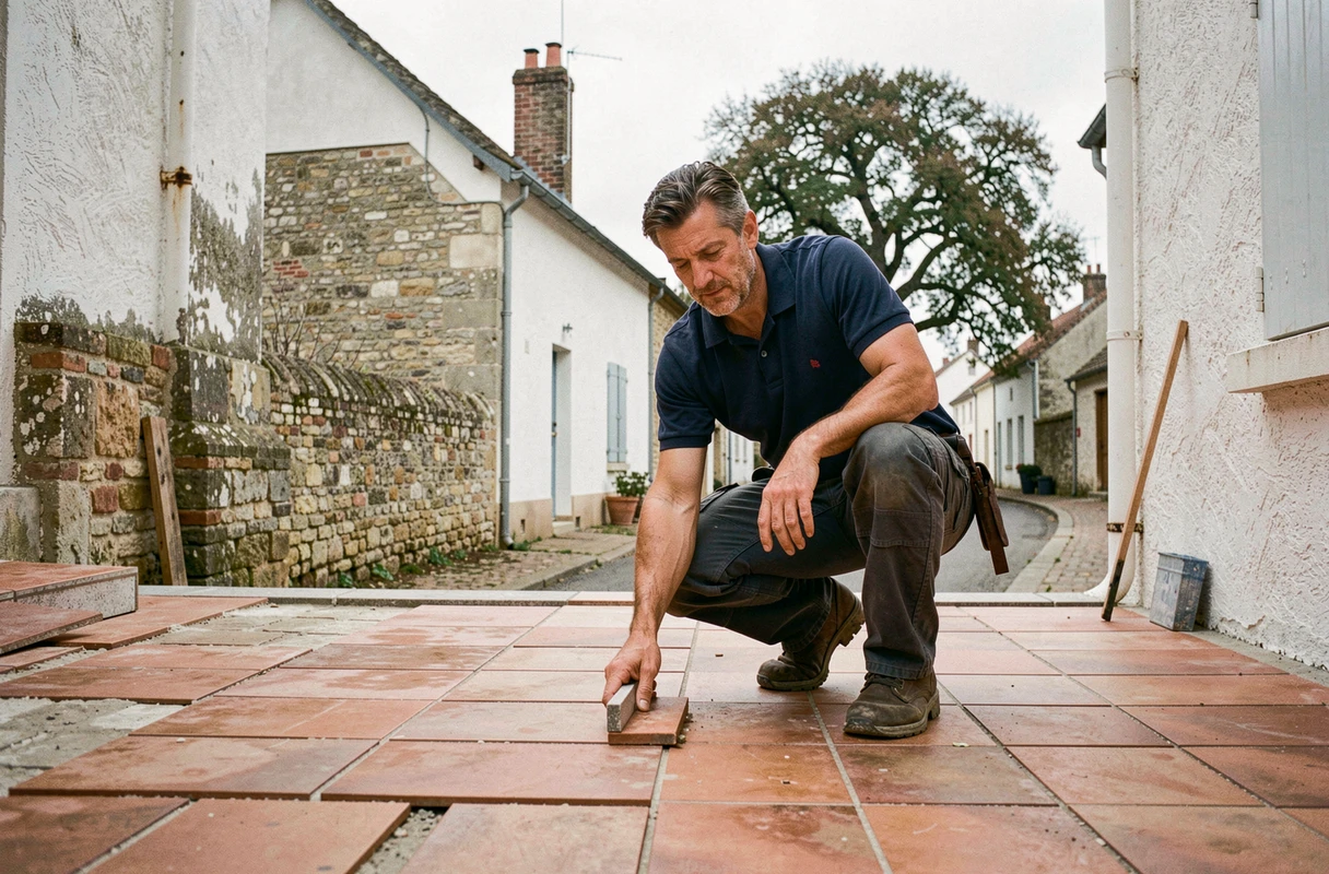 Artisan inspectant la pose de carrelage en terre cuite sur la terrasse d'une maison traditionnelle du Pays de Retz