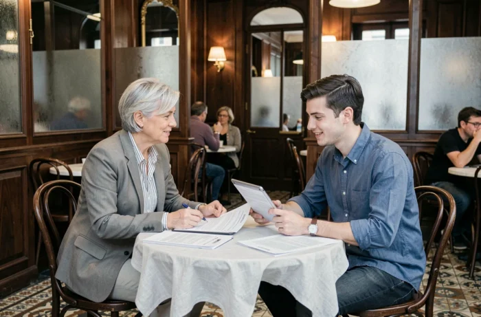 Deux entrepreneurs associés discutant de leur projet de création d'entreprise autour d'une table dans une brasserie bordelaise