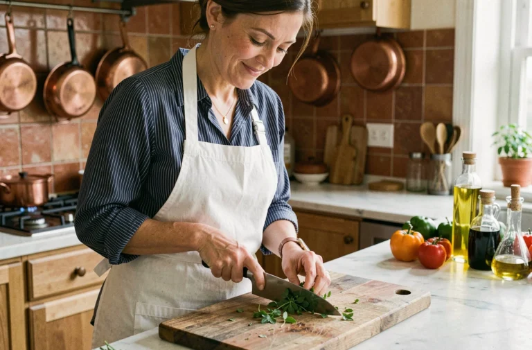 Femme cuisinière découpant des herbes fraîches sur une planche en bois dans une cuisine rustique avec des ustensiles en cuivre
