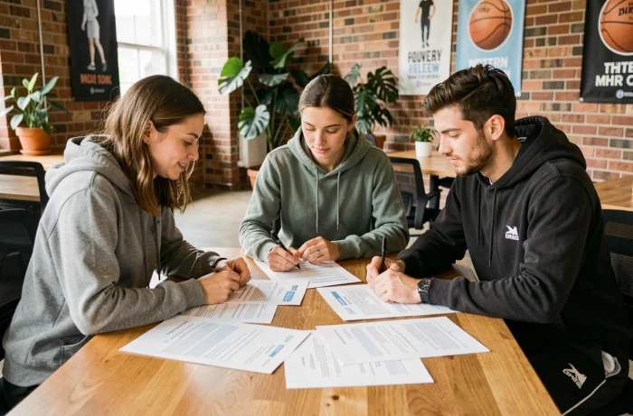 Groupe de jeunes sportifs en atelier collaboratif pour optimiser les compétences à valoriser sur leur CV sportif