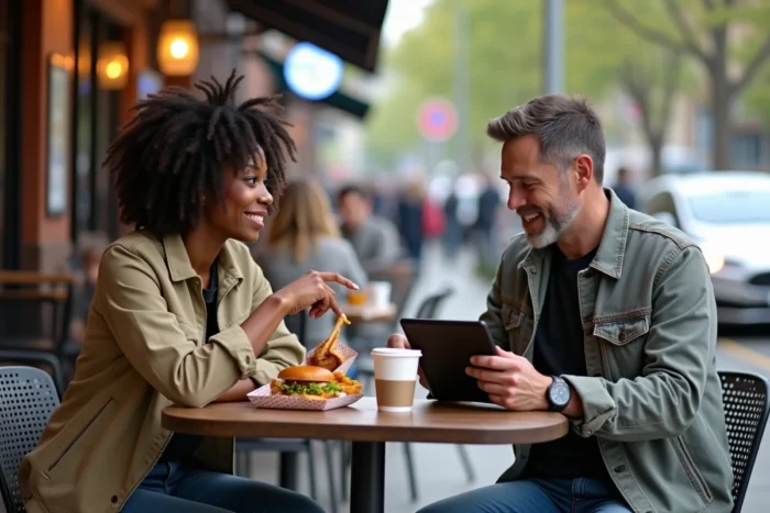 Deux clients laissant un avis sur Burger King depuis une tablette en terrasse