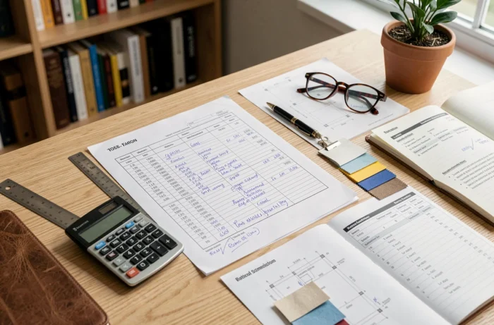 Gros plan sur un bureau d'architecte avec documents d'estimation de coûts, calculatrice et plans de rénovation annotés