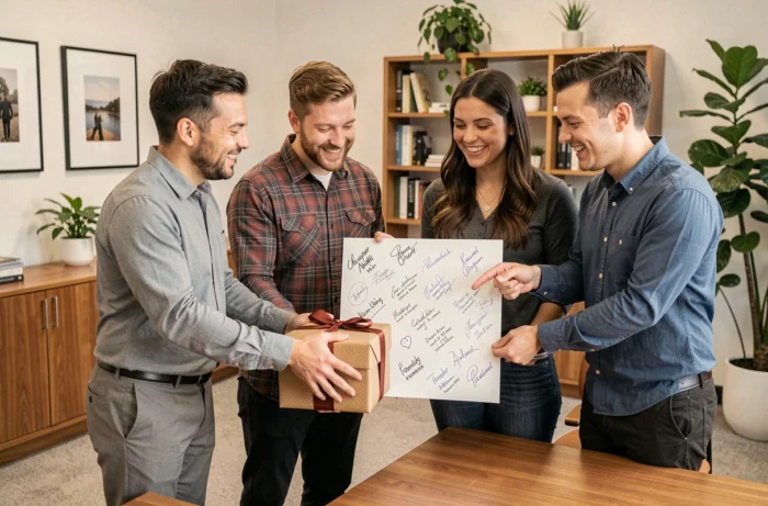 Collègues offrant un cadeau collectif accompagné d'une carte signée par toute l'équipe dans un bureau moderne