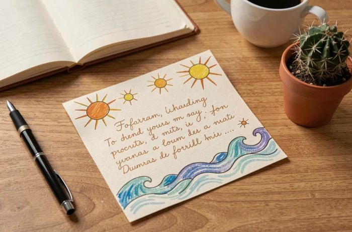 Carte manuscrite de bonnes vacances posée sur un bureau en bois avec des illustrations colorées faites à la main