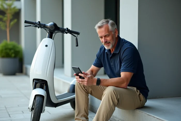 Homme branchant le câble de charge d'une trottinette Urban Glide tout en consultant son smartphone