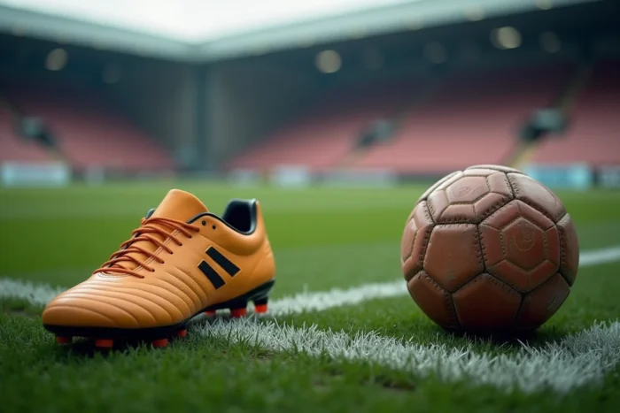Chaussures de football professionnelles posées sur un terrain d'entraînement avec un stade flou en arrière-plan
