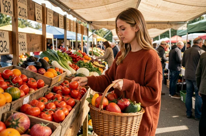 Jeune femme choisissant des tomates fraîches au marché fermier avec un panier en osier rempli de légumes de saison