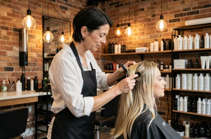 Coiffeuse professionnelle appliquant un traitement Vermogal sur les cheveux d'une cliente dans un salon parisien moderne