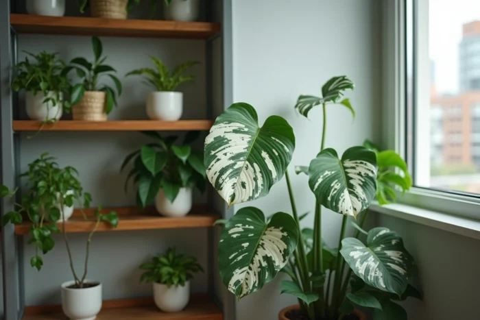 Coin intérieur avec plusieurs plantes en pot sur des étagères en bois, dont un monstera présentant des feuilles blanchissantes et décolorées