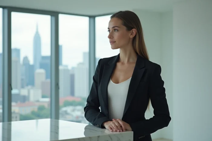 Femme élégante dans un appartement moderne, compagne d'un rappeur célèbre, portrait lifestyle contemporain