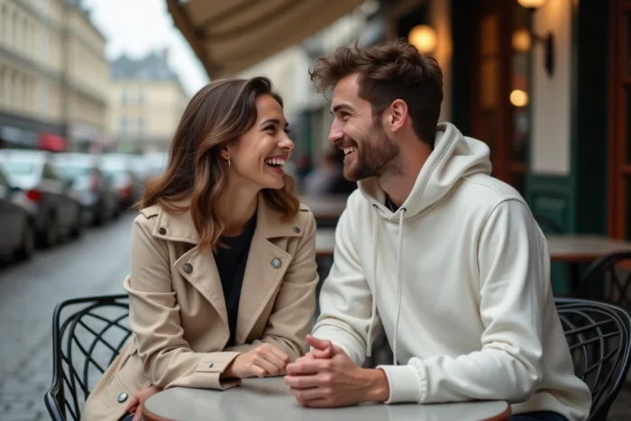 Couple de rappeur et sa compagne à Paris en terrasse de café, moment complice et naturel en tenue urbaine décontractée