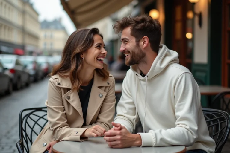 Couple de rappeur et sa compagne à Paris en terrasse de café, moment complice et naturel en tenue urbaine décontractée