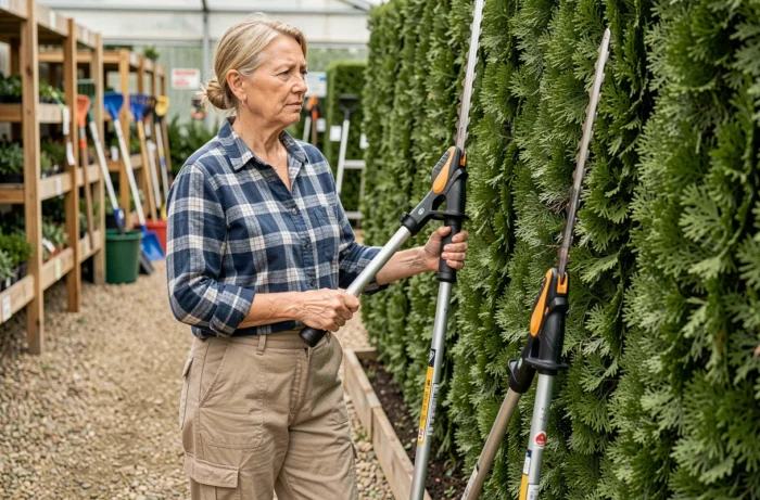 Femme comparant deux modèles de taille-haie télescopiques dans un centre de jardinage devant une haute haie d'if