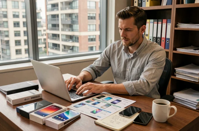 Entrepreneur comparant les prix d'un grossiste de téléphones mobiles sur ordinateur portable et catalogue imprimé