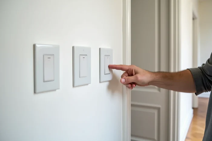 Comparatif des interrupteurs Legrand Céliane, Mosaic et Neptune installés côte à côte dans un couloir rénové