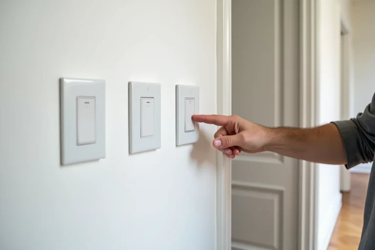 Comparatif des interrupteurs Legrand Céliane, Mosaic et Neptune installés côte à côte dans un couloir rénové