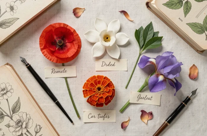 Composition botanique à plat avec coquelicot, gardénia, souci et iris étiquetés sur lin naturel