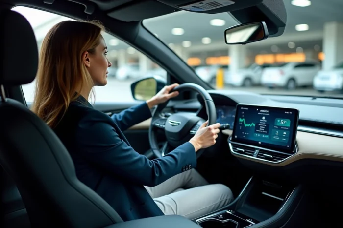 Femme au volant d'un SUV hybride consultant l'écran de gestion d'énergie
