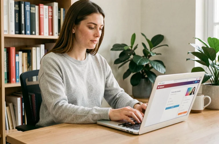 Femme connectée à son espace étudiant Comptalia sur un ordinateur portable dans un bureau à domicile