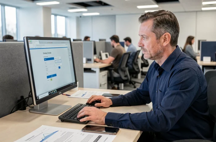 Homme se connectant à un portail de formation en ligne Comptalia depuis un poste de travail en open space
