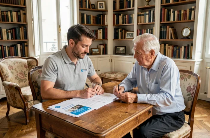 Conseiller Âge d'Or Services expliquant les tarifs et prestations à un senior dans un appartement parisien