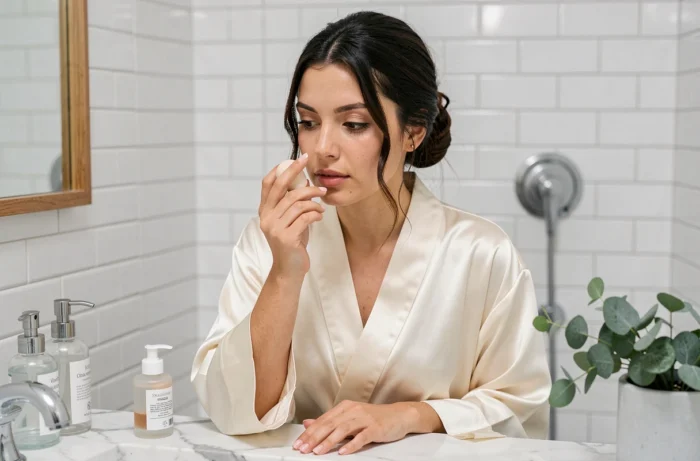 Jeune femme en robe de satin appliquant sa routine beauté devant une coiffeuse en marbre dans un appartement moderne