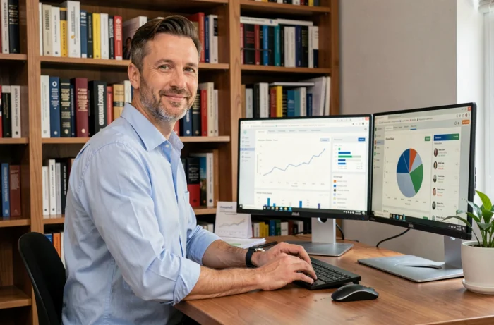 Consultant en ressources humaines externalisées travaillant sur des tableaux de bord RH depuis son bureau à domicile