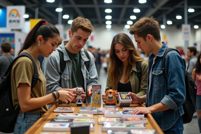 Groupe d'amis en tenue geek découvrant des figurines et jeux rétro lors d'une convention de culture pop