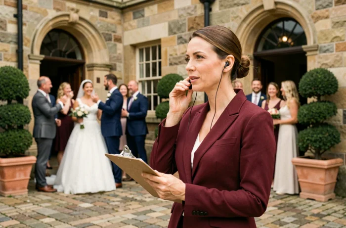 Coordinatrice de mariage professionnelle organisant les invités le jour J indépendamment des mariés