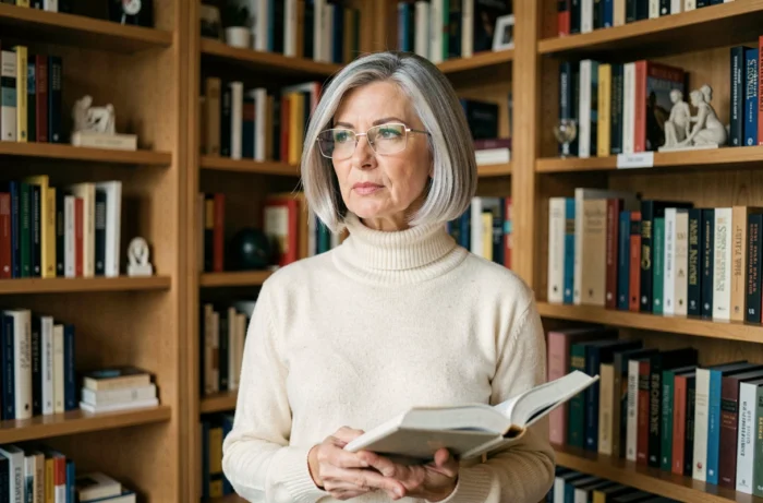 Femme 60 ans avec carré court grisonnant et lunettes rectangulaires dans une bibliothèque à domicile