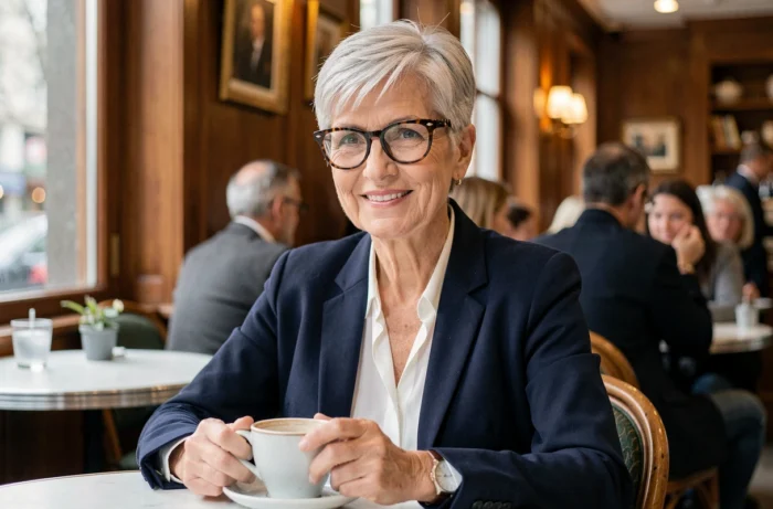 Femme de 60 ans avec coupe courte pixie argentée et lunettes écailles dans un café parisien