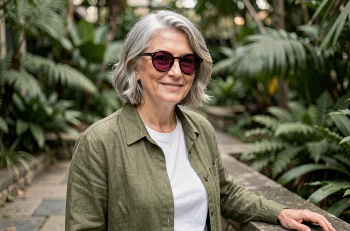 Femme de 65 ans avec coupe courte ondulée poivre et sel et lunettes rondes bordeaux dans un jardin urbain