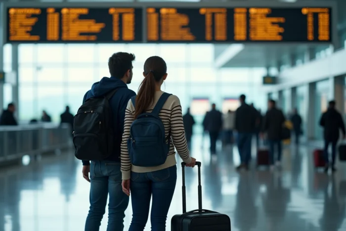 Couple de voyageurs consultant le tableau des départs dans un aéroport international moderne avec bagages