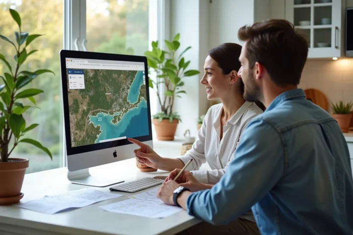 Couple analysant ensemble la simulation d'ensoleillement et de climat d'une maison sur Google Maps dans une cuisine moderne