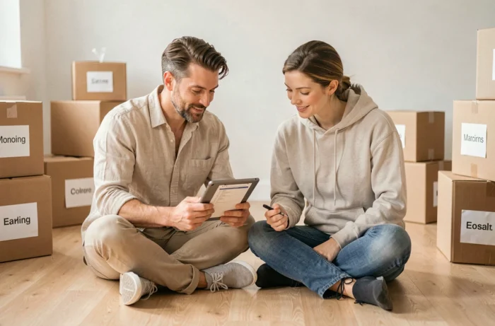 Couple consultant une liste de contrôle sur tablette entouré de cartons étiquetés pour un déménagement sans stress